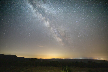 Wall Mural - Landscape with blue Milky Way. Night sky with stars at mountains, Universe, beautiful mountain valley Mora de Rubielos Teruel Aragon Spain
