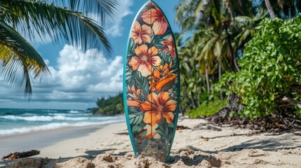 Wall Mural - Vibrant floral surfboard stands in sand at tropical beach with palm trees