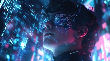 Young Person Immersed In Digital Cyberspace Data Streams