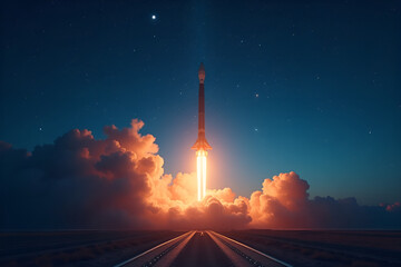Wall Mural - envision a powerful rocket launch, its fiery exhaust contrasting against the deep blue twilight sky 