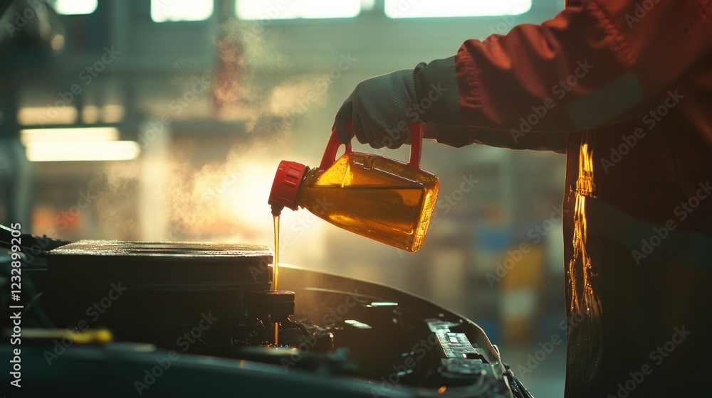 Mechanic adding engine oil to a car engine Stock Illustration | Adobe Stock