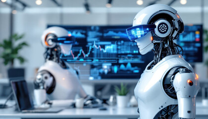 Futuristic Robots Analyzing Data in Modern Office