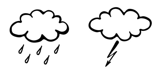 Leinwandbilder - Isolated monochrome doodle cloud with rain and lightning drawing on transparent background. Vector weather icon sketch