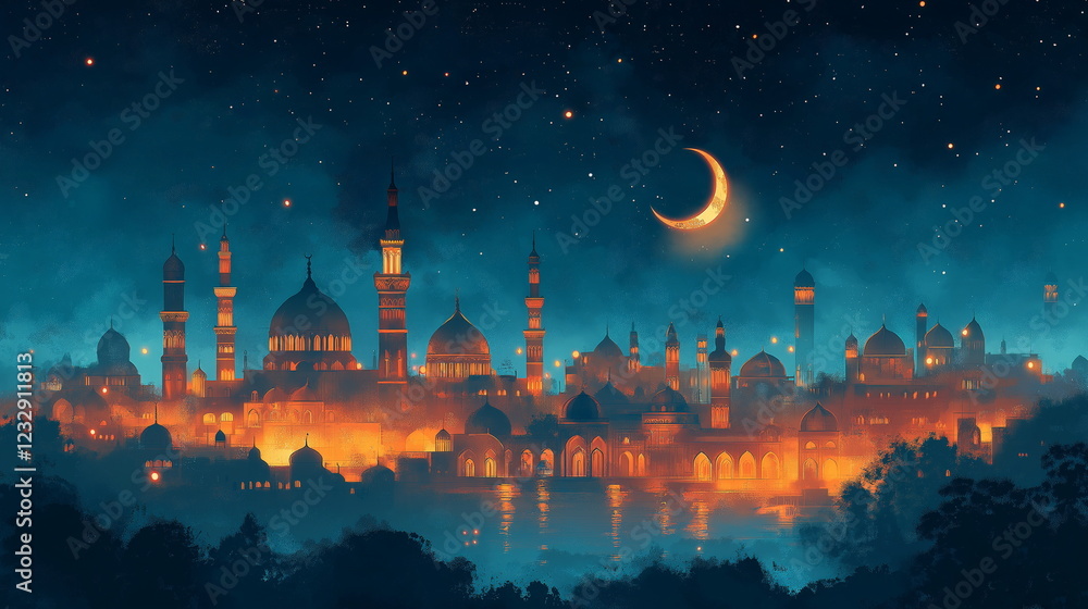 Magical Islamic cityscape at night with glowing mosques and crescent ...