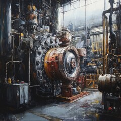 Wall Mural - A painting of a factory with a large red and yellow machine in the center