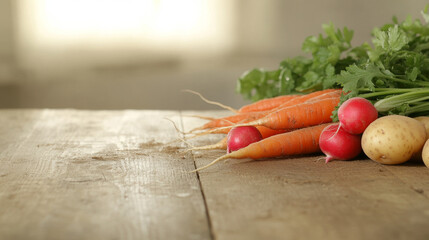 Wall Mural - Displaying a variety of freshly harvested root vegetables and parsley on a rustic wooden table, creating a scene of farm-to-table freshness and healthy eating