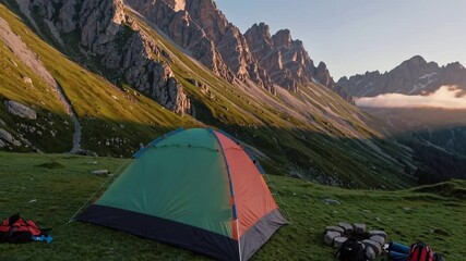 a peaceful tourist camp nestled in the heart of the mountains, with a brightly colored tent standing
