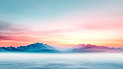 Wall Mural - Minimalist fisheye landscape capturing jagged mountain peaks bathed in pastel twilight, expansive foreground highlighting stark wilderness and dramatic geological formations