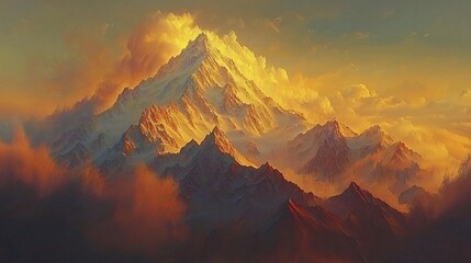 Canvas Print - Majestic Mountain Peak Sunset Golden Cloudscape