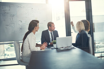 Leinwandbilder - Business people, laptop and meeting in office for planning, sales presentation and corporate collaboration. Investors, startup and tech in agency for new opportunity, discussion or team brainstorming