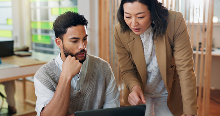 Poster - Business people, teamwork and advice on laptop for event planning, project proposal and reservation for venue. Man, woman and manager for discussion, website research or online booking brainstorming