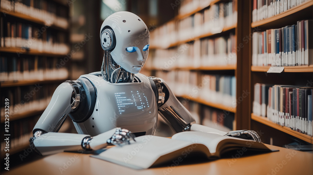 Ilustración de Stock Cybernetic AI robot reading in a library ...