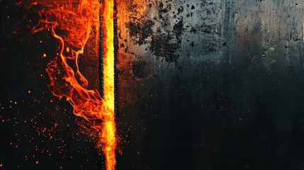 Wall Mural - A fire is burning through a wall, with the flames reaching up to the ceiling