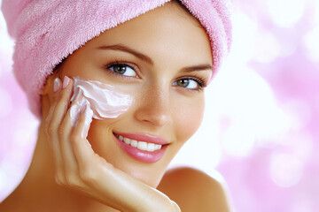 woman applying moisturizing cream on her face with a smile, wrapped in a pink towel, enjoying skinca