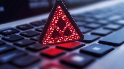 Warning sign overlaying a laptop keyboard, programming code hints at software errors. 