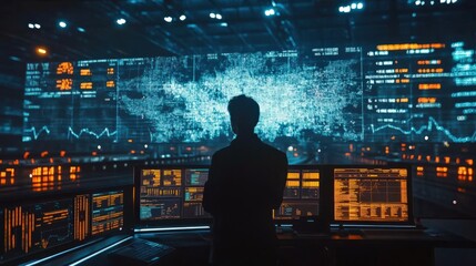 Wall Mural - A man is standing in front of a computer monitor with a large screen displaying