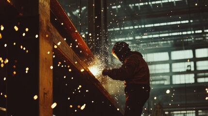 Wall Mural - A man is working on a piece of metal with sparks flying