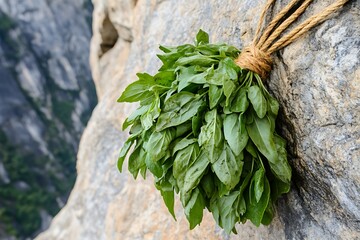 Wall Mural - Fresh Basil Bunch Hanging on Mountain Rock