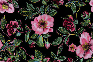 Wall Mural - Floral embroidery seamless pattern with pink flowers and green leaves on black fabric for elegant textile design