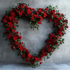 Wall Mural - Heart-shaped arrangement of red roses on textured gray background for romantic decoration