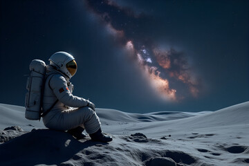Wall Mural - an astronaut sitting on the surface of a moon, gazing up at a breathtaking view of a galaxy stretchi