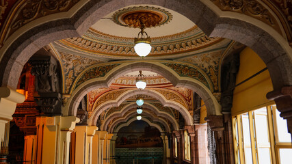 Colorful interior of high detail Historic Mysore Maharaja palace in India.