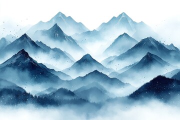 misty blue mountain range with gold dust, aerial view, serene background for print