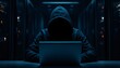 © Dmitry - Anonymous hacker in dark hoodie working on laptop at night. Cybercrime and internet security threat concept. Mysterious cyber attack in blue lighting with copy space