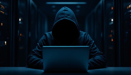 anonymous hacker in dark hoodie working on laptop at night. cybercrime and internet security threat 