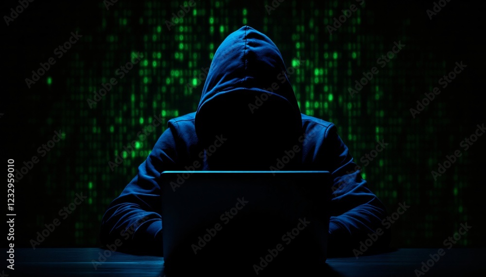 Foto de Stock Hooded hacker in dark room with matrix-style green code ...