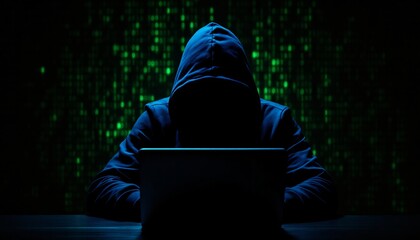hooded hacker in dark room with matrix-style green code background. mysterious computer criminal sil