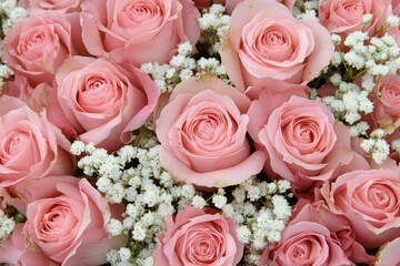 Wall Mural - Soft pink roses surrounded by delicate white baby's breath for a romantic bouquet display