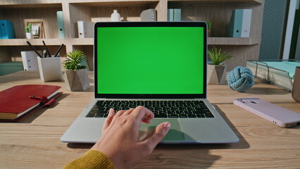 Wall Mural - Entrepreneur surfing online mockup laptop at office closeup. Businesswoman hand 