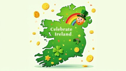 Wall Mural - Illustration for St. Patrick's Day with a map of Ireland and traditional symbols of the holiday. National holiday in Ireland