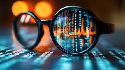 Stock market data reflected in glasses on code