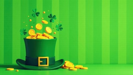 Wall Mural - Stylish St. Patrick's Day card with a green top hat and gold coins. Wishing success, wealth and good luck. National holiday in Ireland