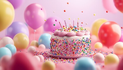 Wall Mural - A colorful birthday cake with festive sprinkles, isolated on a soft background with balloons of various sizes.