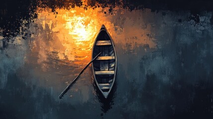 Wall Mural - Serene sunset reflecting on calm water with a solitary boat drifting peacefully