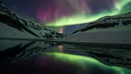 Aufkleber - Northern Lights or Aurora Borealis over snow-capped mountains and the bay in front of them
