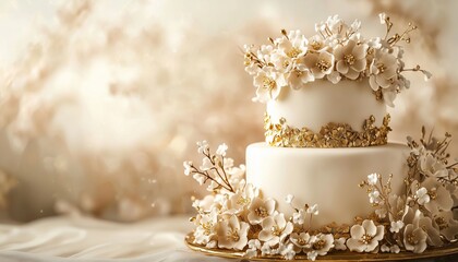 Wall Mural - A luxury birthday cake with gold accents and an elegant floral design, set against a soft background.