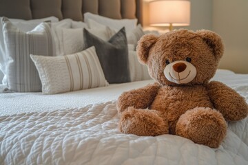 Wall Mural - Cozy bedroom with a bear on a neatly made bed in soft natural light