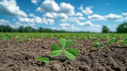 Poster - Young clover plant growing in a field under a sunny sky