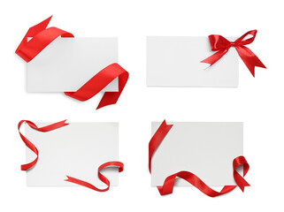 Sticker - Blank cards with red ribbon and bow isolated on white, top view