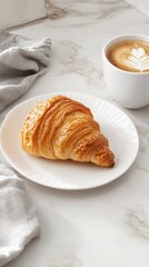 Wall Mural - Warm croissant served with steaming coffee on a cozy morning at home