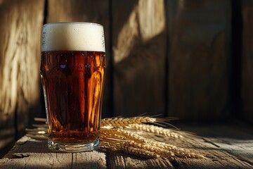 Wall Mural - Glass of cold and fresh beer with wheat ears on wooden table