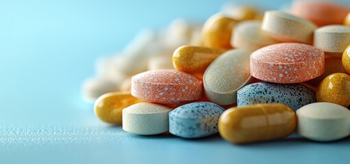 Wall Mural - A detailed macro view of dietary supplements featuring multivitamins, omega-3 and Vitamin D3 softgels, antioxidant capsules, and mineral capsules, alongside homeopathic and alternative organic