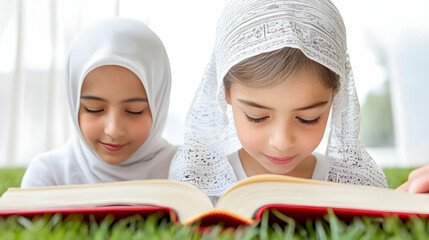 Two girls in headscarves read a book together outdoors on the grass.