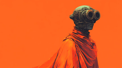 Wall Mural - Generative ai illustration of futuristic anonymous individual wearing an ornate helmet with goggles draped in an orange outfit. Shaded Horizon. Illustration