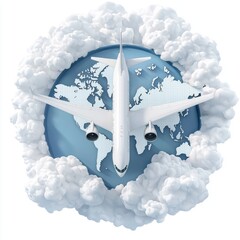 Canvas Print - Airplane soaring through fluffy clouds with a visible world map in the background, centered on a clean white background