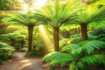 Wall Mural - Sunlit Fern Forest Path: Lush Nature Photography